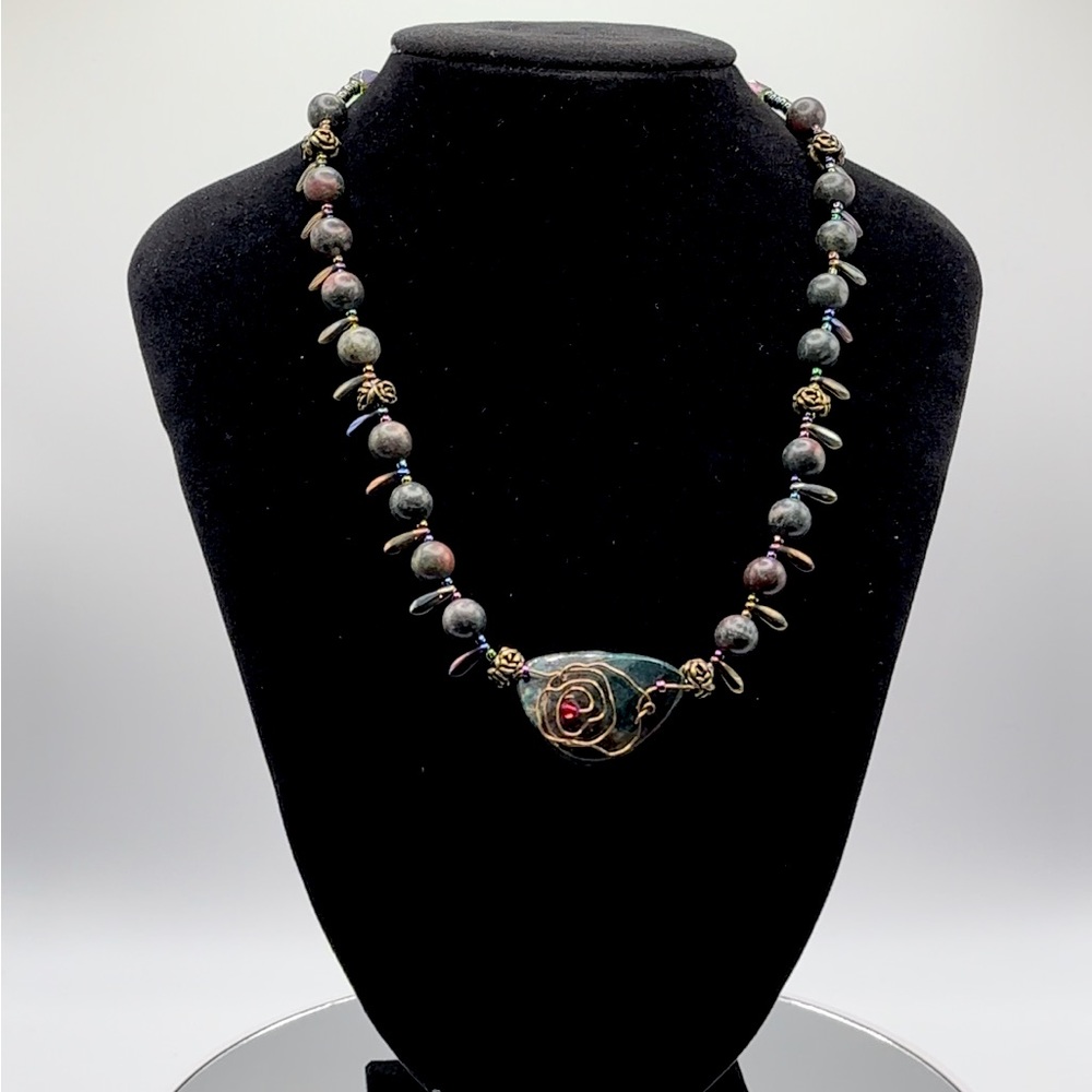 *RARE* Rainbow Obsidian Carborundum Galaxite Austrian Crystal Iron Bead Necklace